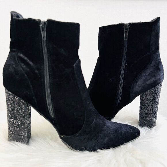 🎉Clearance🎉YOKI Black Velvet & Rhinestone Studded Black Heel Ankle Boots Sz 8 - Picture 1 of 9